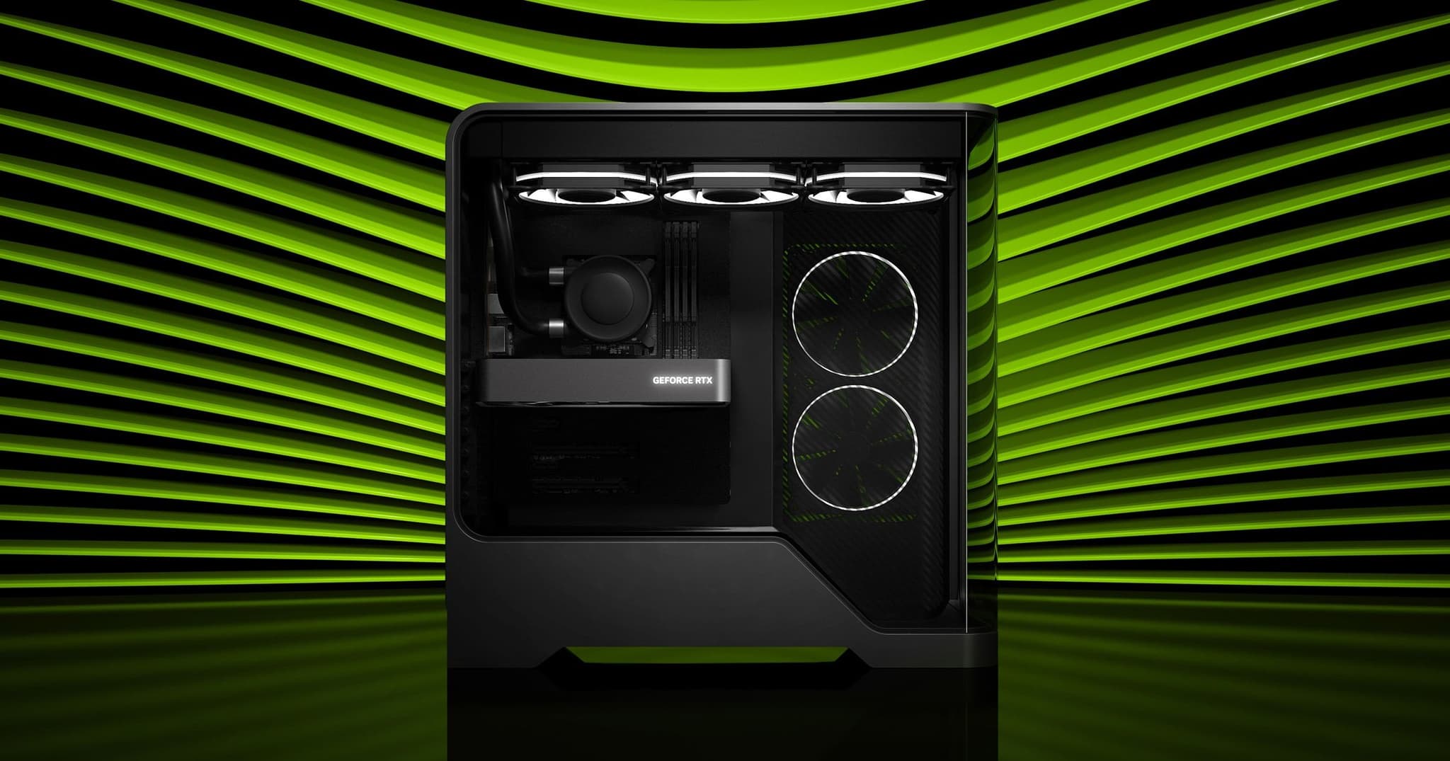 کیس کامپیوتر گیمینگ مشکی با کارت گرافیک GeForce RTX و خنک‌کنندهٔ مایع روی زمینهٔ سبز؛ تصویر رسمی انویدیا