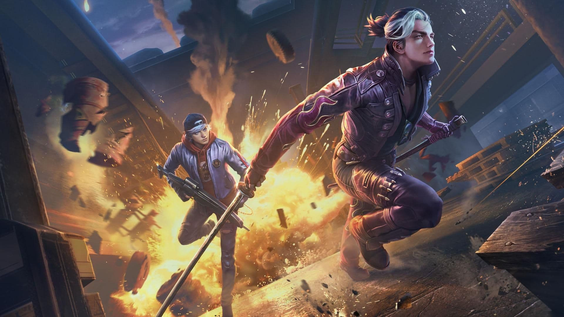 دو شخصیت Free Fire در حال فرار از میان انفجار روی پشت‌بام؛ تصویر رسمی Garena
