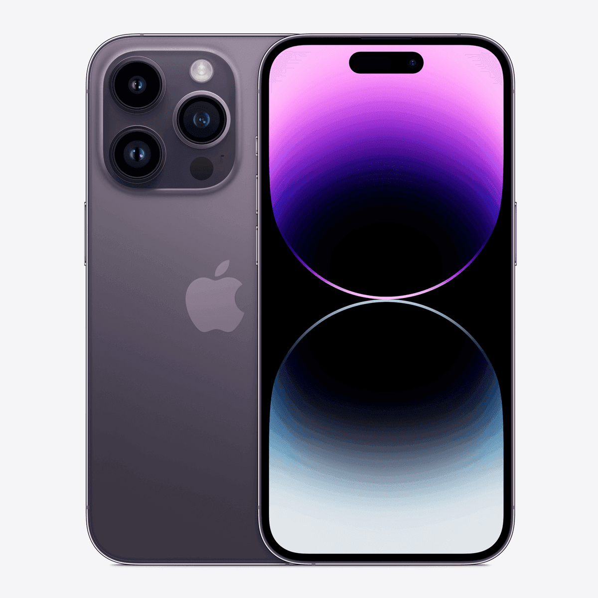 گوشی Apple iPhone 14 Pro رنگ بنفش تیره از نمای پشت و جلو؛ تصویر رسمی اپل