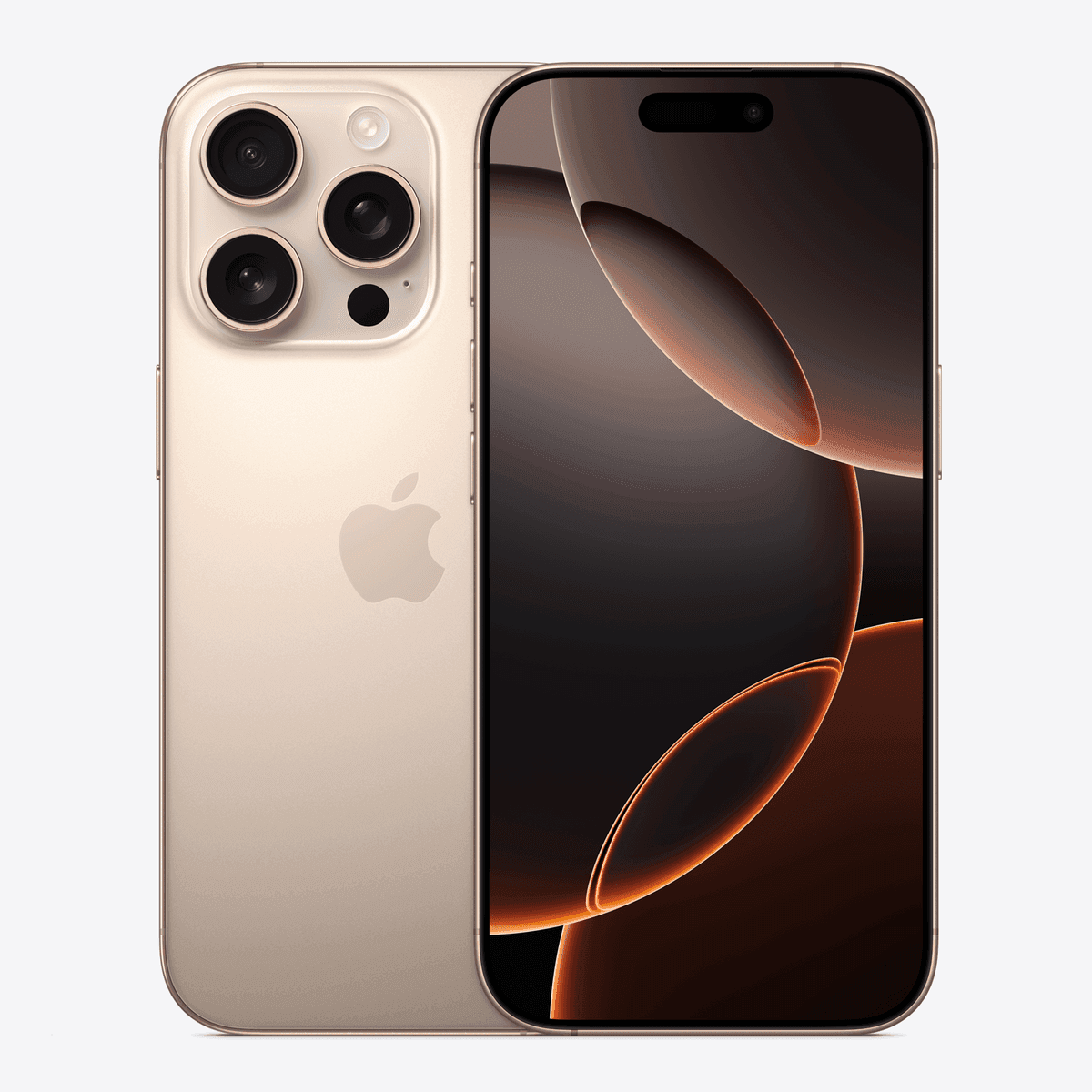 گوشی Apple iPhone 16 Pro رنگ تیتانیوم صحرایی از نمای پشت و جلو؛ تصویر رسمی اپل