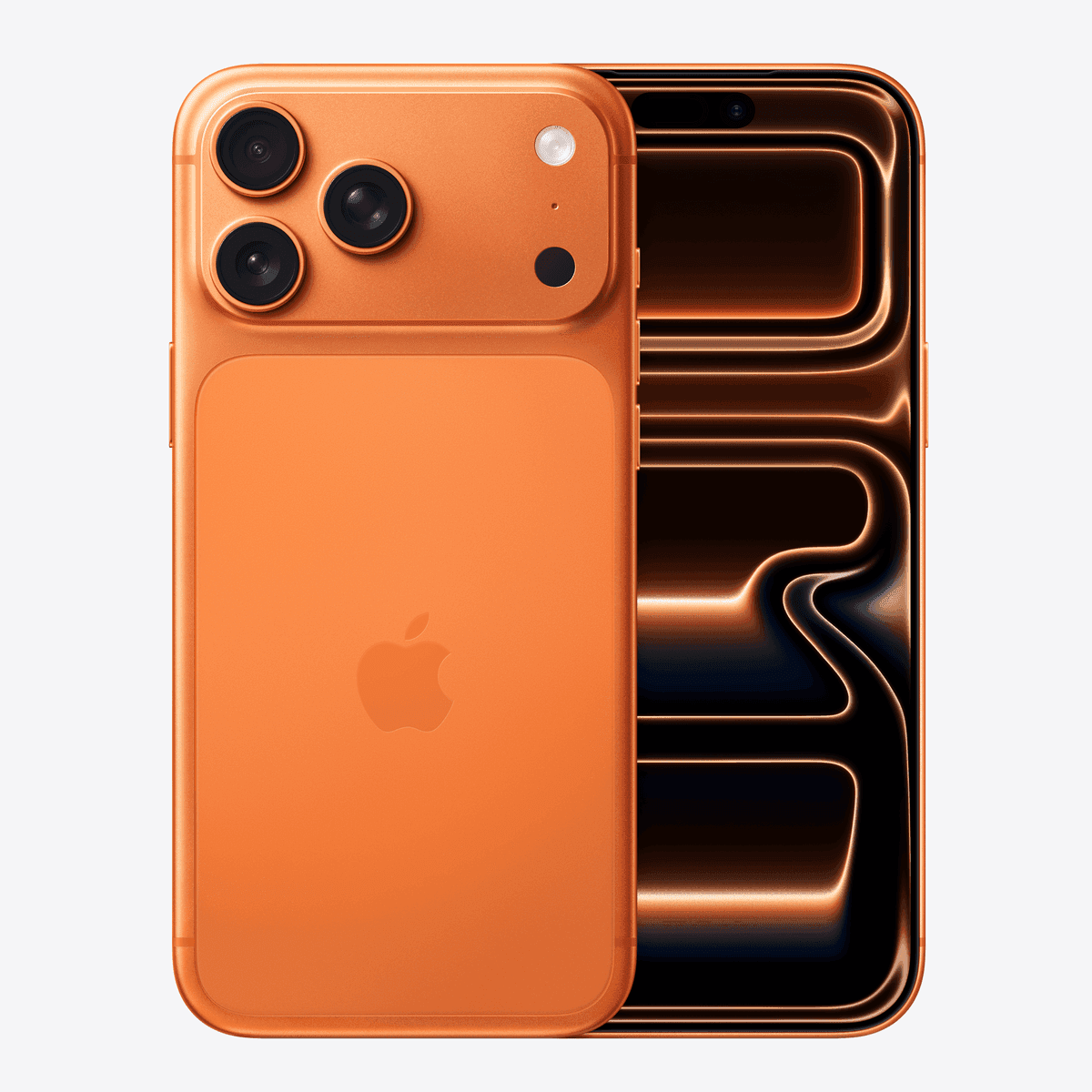 گوشی Apple iPhone 17 Pro Max رنگ نارنجی کیهانی از نمای پشت و جلو؛ تصویر رسمی اپل
