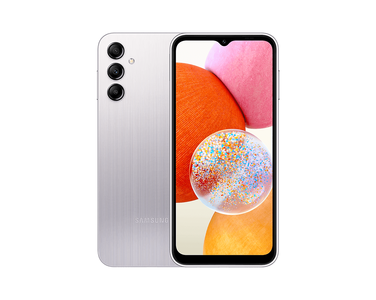 گوشی Samsung Galaxy A14 نسخهٔ 4G رنگ نقره‌ای از نمای پشت و جلو؛ تصویر رسمی سامسونگ